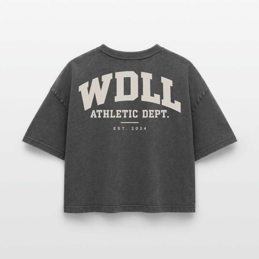 Crop top boxy femme WDLL Athletic Dept. acid wash noir délavé, dos, print Athletic Dept. – WOD.LOL