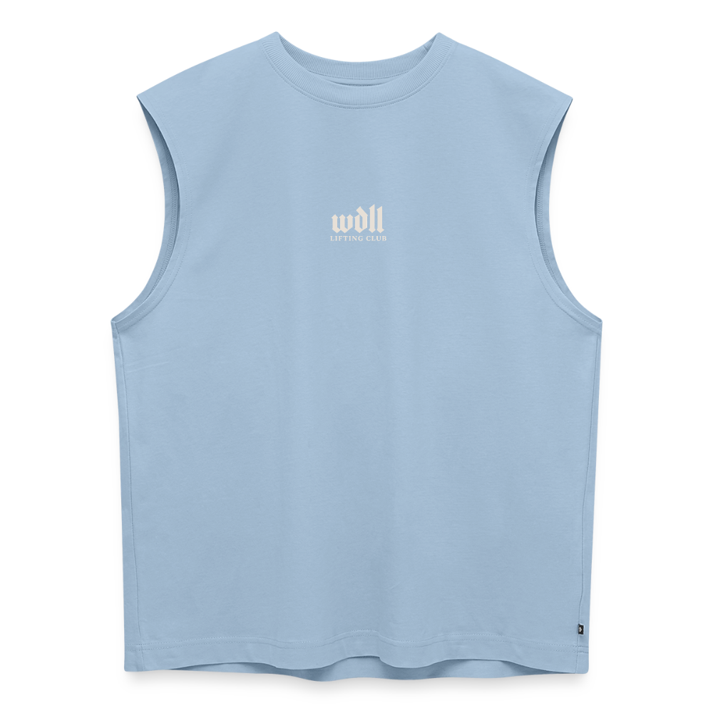 Tank top coupe classique WDLL Lifting Club bleu clair, vue de face avec petit logo wdll poitrine – WOD.LOL