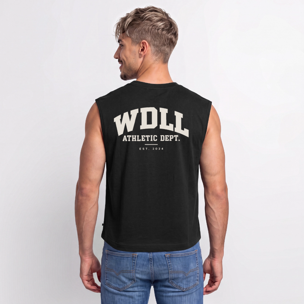 Homme portant le tank coupe classique WDLL Athletic Dept. noir, vue de dos – WOD.LOL