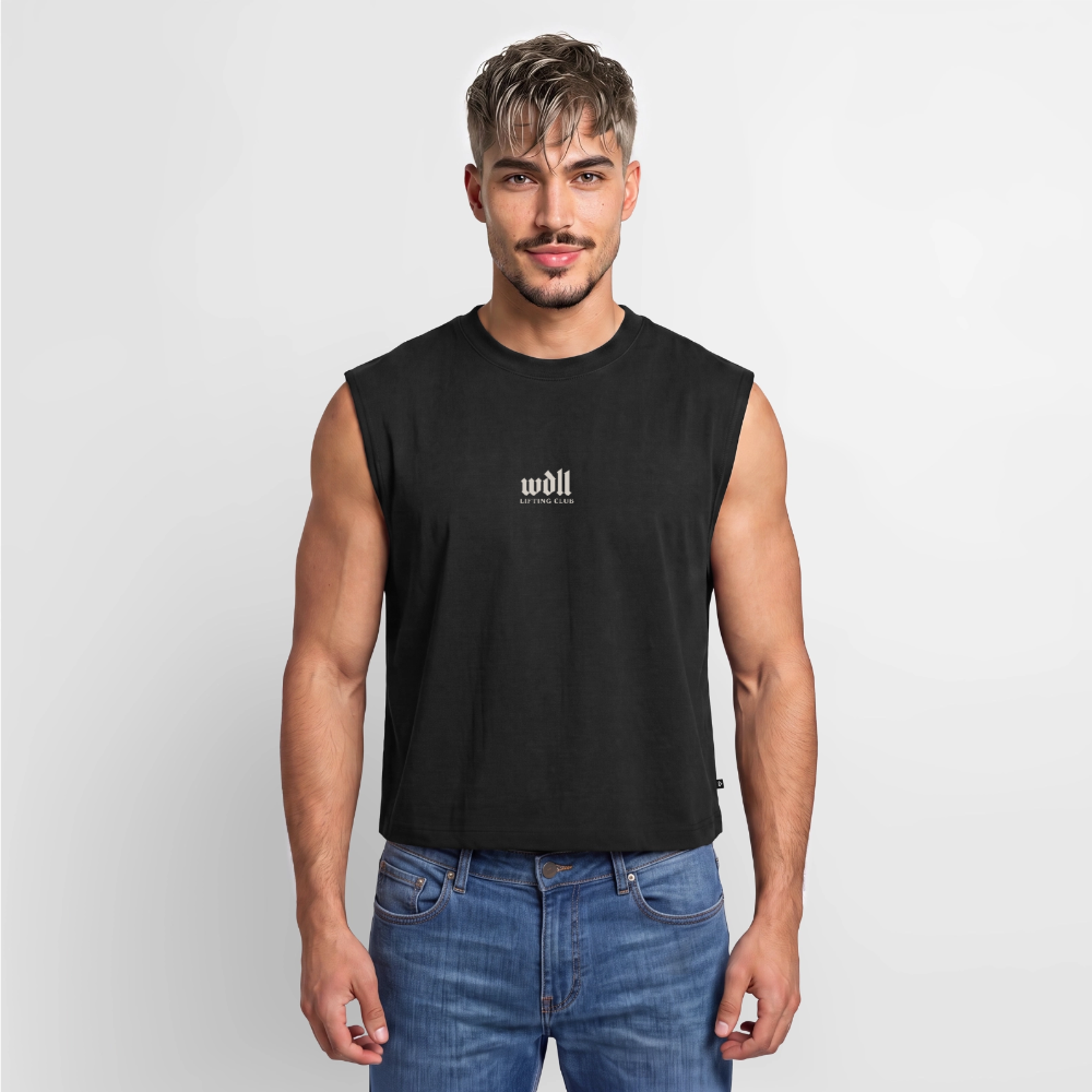 Homme portant le tank coupe classique WDLL Athletic Dept. noir, vue de face – WOD.LOL