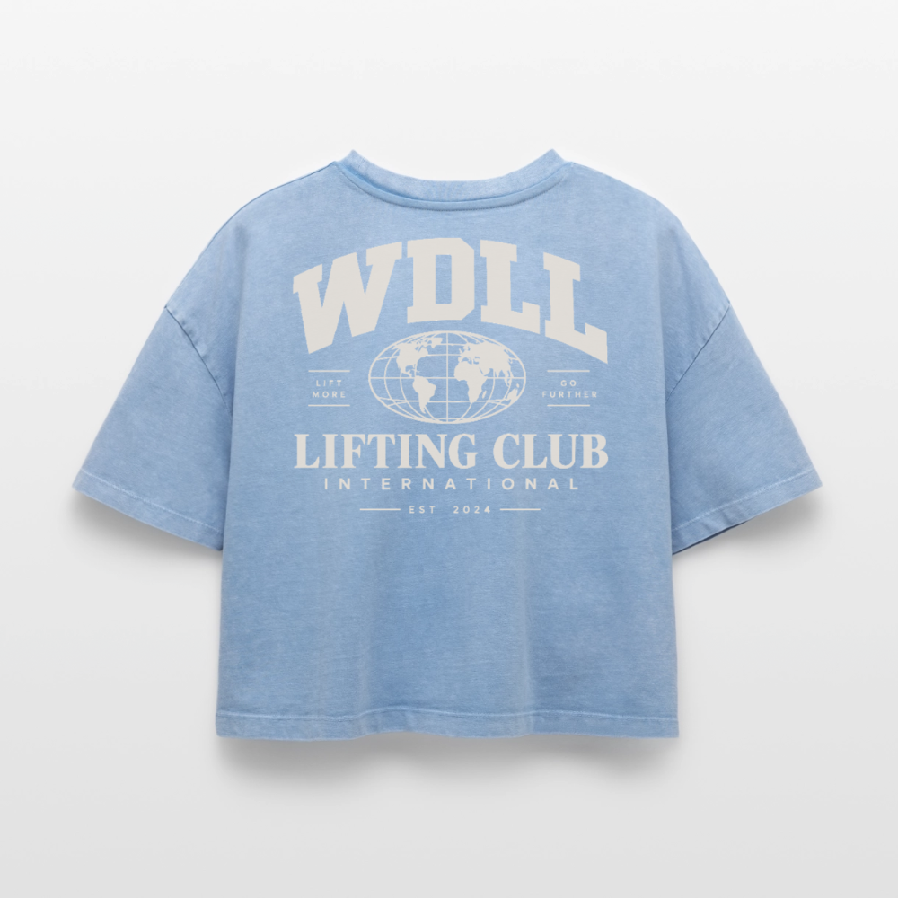 Crop top boxy femme WDLL Lifting Club International acid wash bleu délavé, dos, print Lifting Club International – WOD.LOL