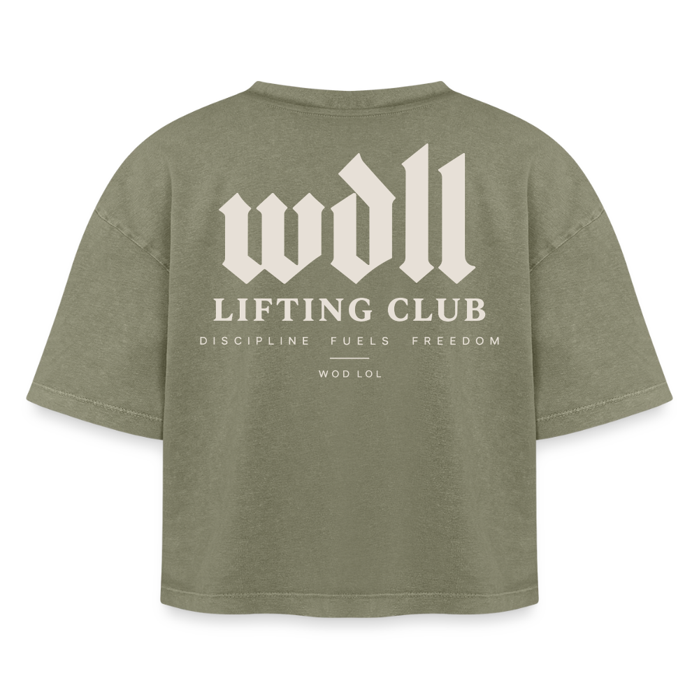 Crop top boxy femme WDLL Lifting Club acid wash vert délavé, vue de dos avec grand print Discipline Fuels Freedom – WOD.LOL