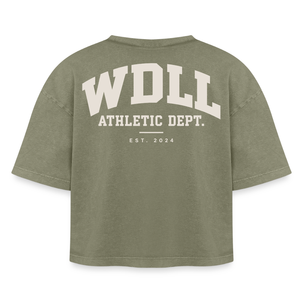Crop top boxy femme WDLL Athletic Dept. acid wash vert délavé, vue de dos avec grand print Athletic Dept. – WOD.LOL
