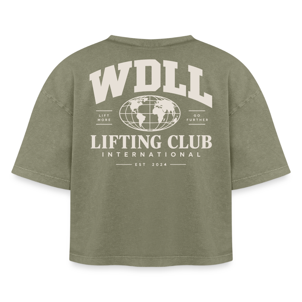 Crop top boxy femme WDLL Lifting Club International acid wash vert délavé, vue de dos avec grand print Lifting Club International – WOD.LOL