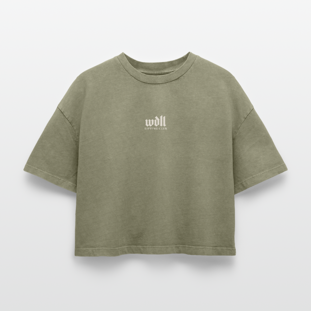Crop top boxy femme WDLL Lifting Club acid wash vert délavé, face, petit logo poitrine – WOD.LOL