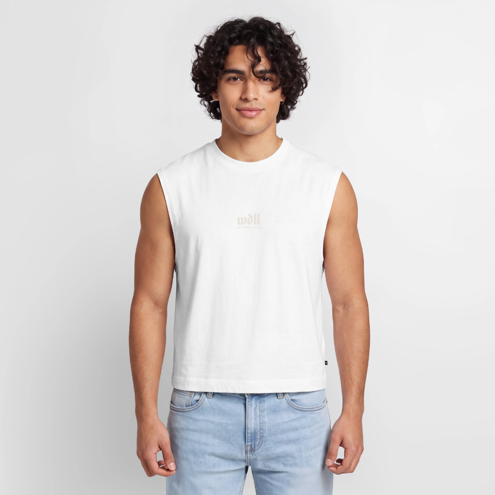 Homme portant le tank coupe classique WDLL Relentless blanc, vue de face – WOD.LOL