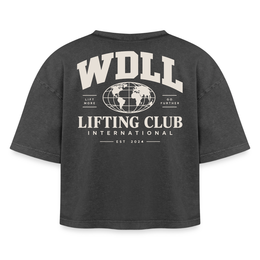 Crop top boxy femme WDLL Lifting Club International acid wash noir délavé, vue de dos avec grand print Lifting Club International – WOD.LOL