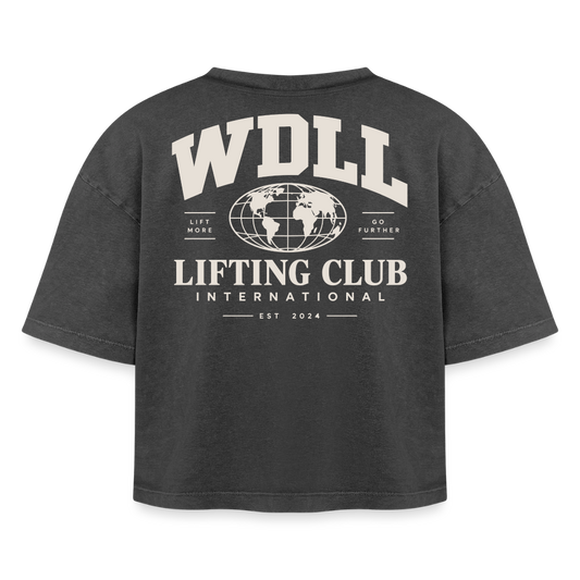 Crop top boxy femme WDLL Lifting Club International acid wash noir délavé, vue de dos avec grand print Lifting Club International – WOD.LOL