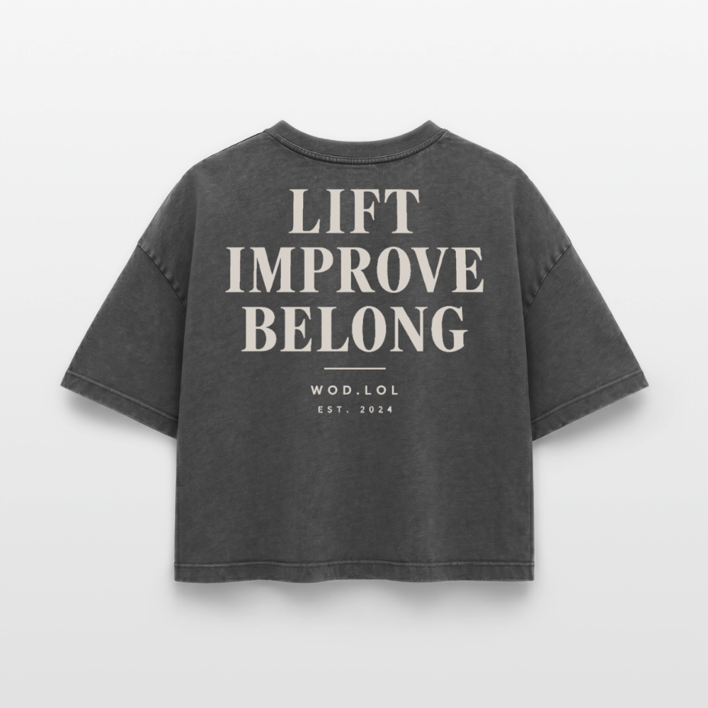Crop top boxy femme WDLL Lift Improve Belong acid wash noir délavé, dos, print Lift Improve Belong – WOD.LOL