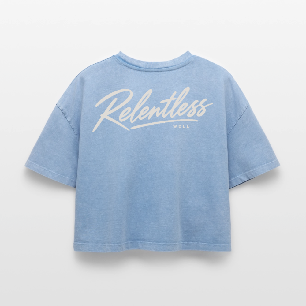 Crop top boxy femme WDLL Relentless acid wash bleu délavé, dos, print Relentless – WOD.LOL