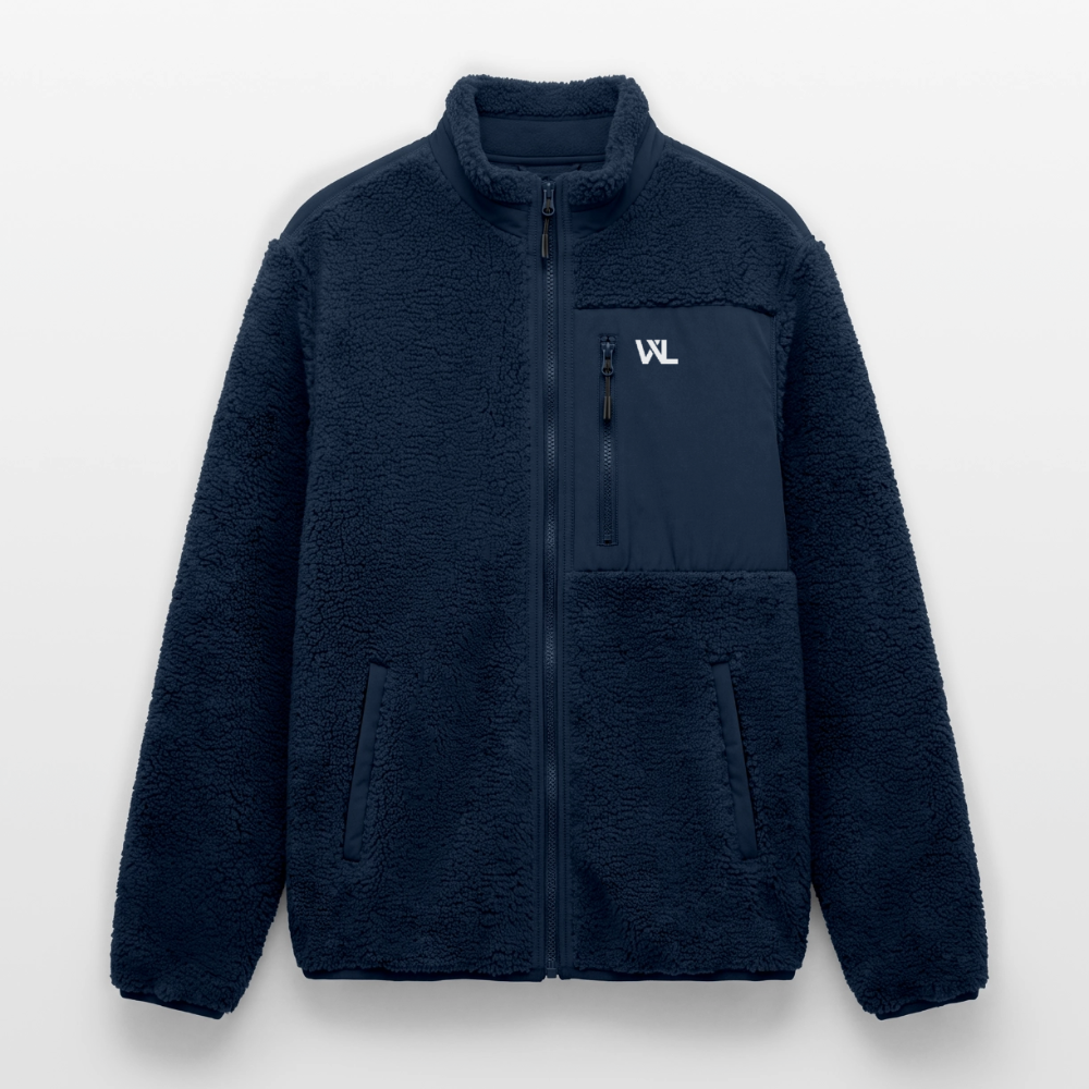 Veste sherpa WL bleu marine unisexe zippée, monogramme blanc sur la poche poitrine