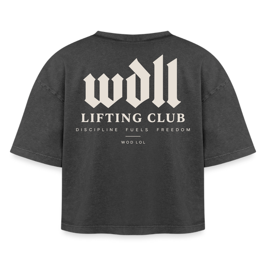 Crop top boxy femme WDLL Lifting Club acid wash noir délavé, vue de dos avec grand print Discipline Fuels Freedom – WOD.LOL
