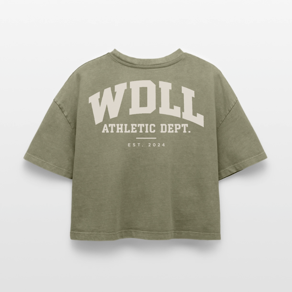 Crop top boxy femme WDLL Athletic Dept. acid wash vert délavé, dos, print Athletic Dept. – WOD.LOL