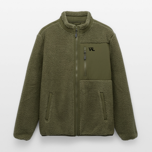 Veste sherpa WL kaki unisexe zippée, monogramme noir sur la poche poitrine