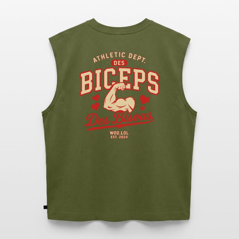 Tank top coupe classique Des Biceps Des Bisous V2 kaki, vue de dos avec grand print Athletic Dept. – WOD.LOL