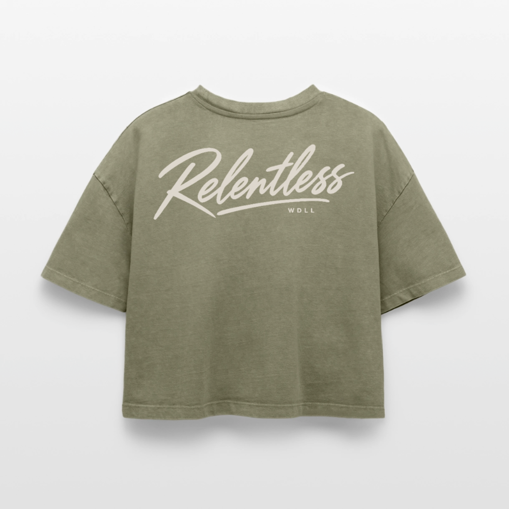 Crop top boxy femme WDLL Relentless acid wash vert délavé, dos, print Relentless – WOD.LOL