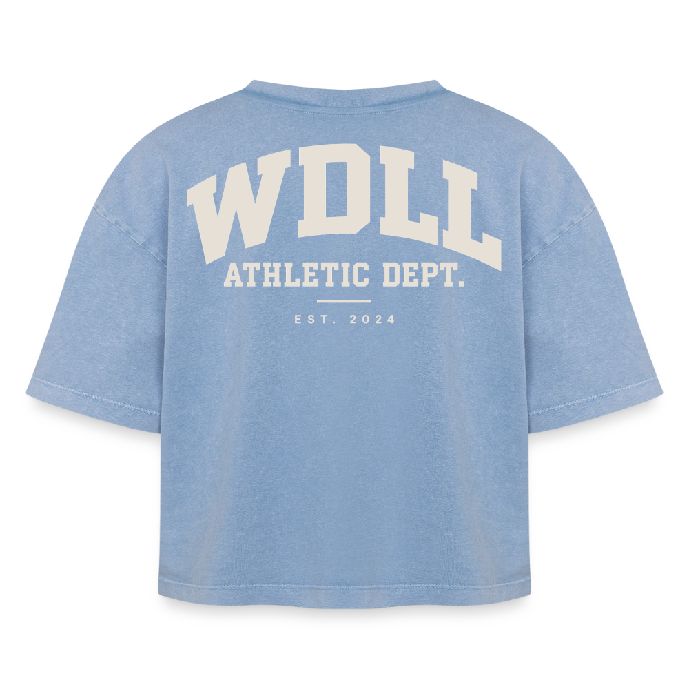 Crop top boxy femme WDLL Athletic Dept. acid wash bleu délavé, vue de dos avec grand print Athletic Dept. – WOD.LOL