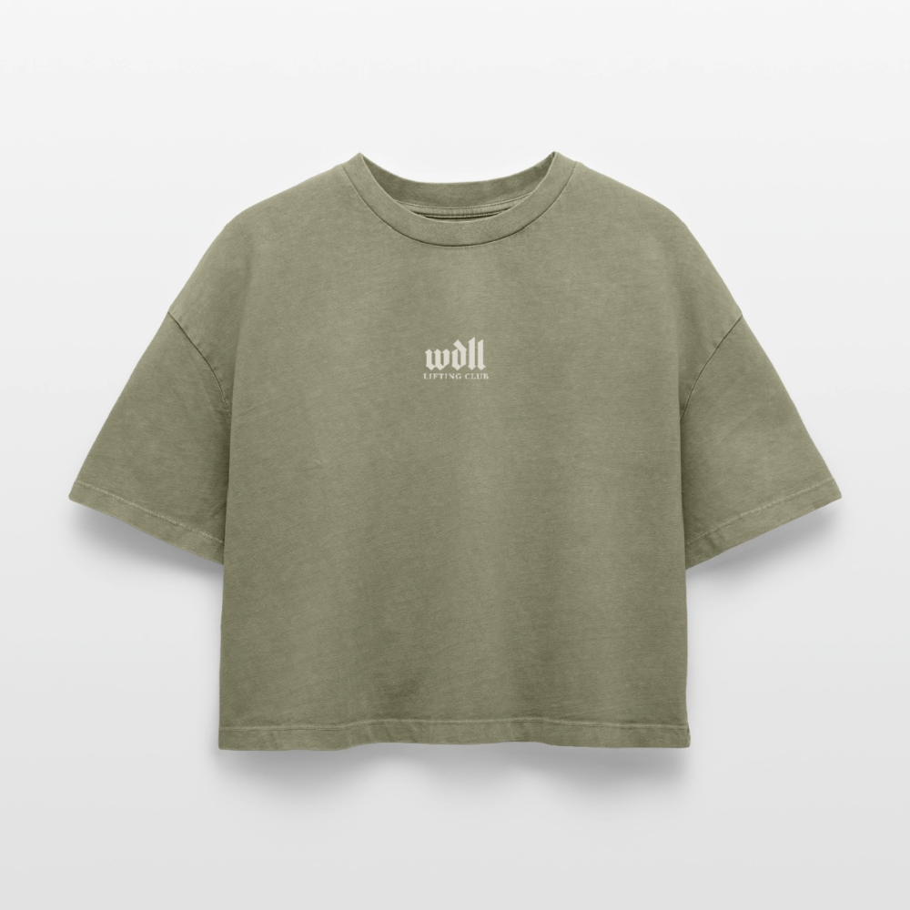Crop top boxy femme WDLL Athletic Dept. acid wash vert délavé, face, petit logo poitrine – WOD.LOL