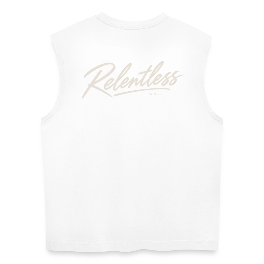 Tank top coupe classique WDLL Relentless blanc, vue de dos avec grand lettrage script Relentless – WOD.LOL