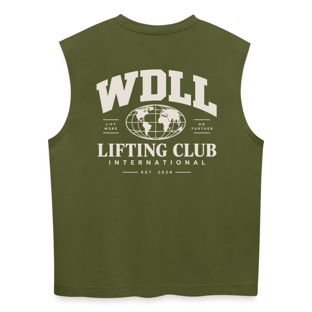 Tank top coupe classique WDLL Lifting Club International kaki, vue de dos avec grand print globe WDLL Lifting Club International Lift More Go Further – WOD.LOL