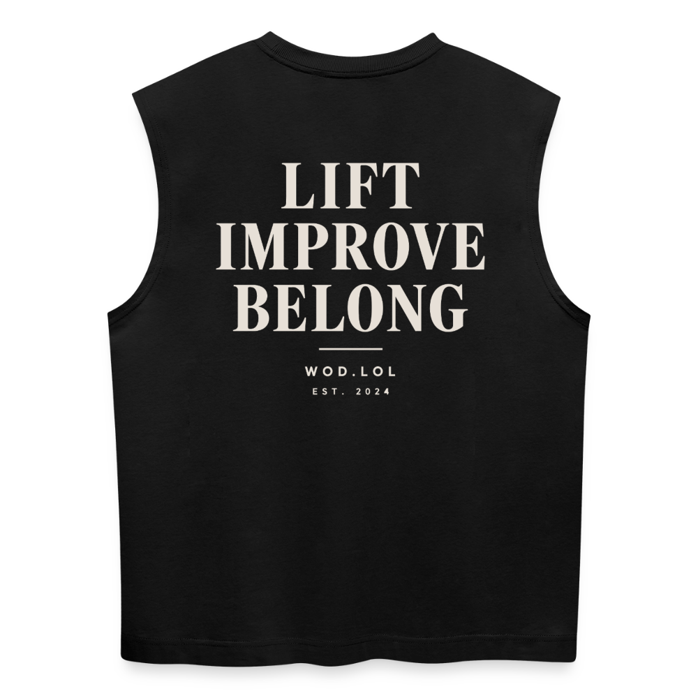 Tank top coupe classique WDLL Lift Improve Belong noir, vue de dos avec grand print Lift Improve Belong – WOD.LOL