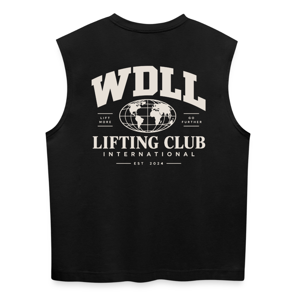 Tank top coupe classique WDLL Lifting Club International noir, vue de dos avec grand print globe WDLL Lifting Club International Lift More Go Further – WOD.LOL