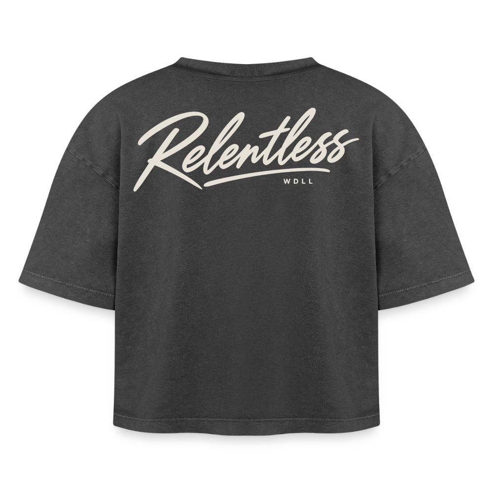 Crop top boxy femme WDLL Relentless acid wash noir délavé, vue de dos avec grand print Relentless – WOD.LOL