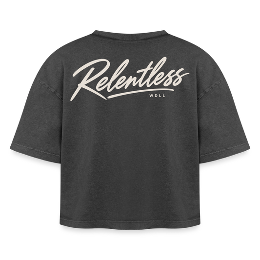 Crop top boxy femme WDLL Relentless acid wash noir délavé, vue de dos avec grand print Relentless – WOD.LOL