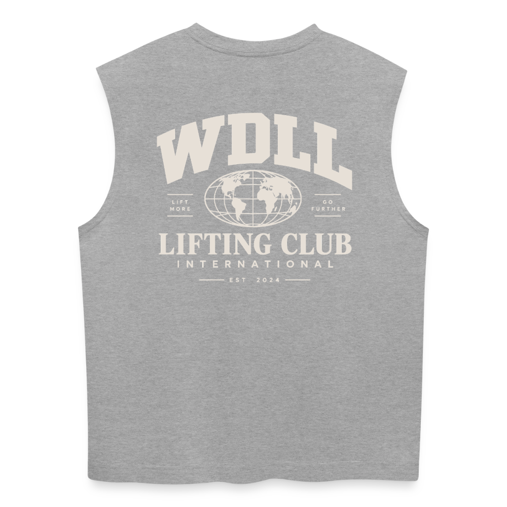Tank top coupe classique WDLL Lifting Club International gris chiné, vue de dos avec grand print globe WDLL Lifting Club International Lift More Go Further – WOD.LOL