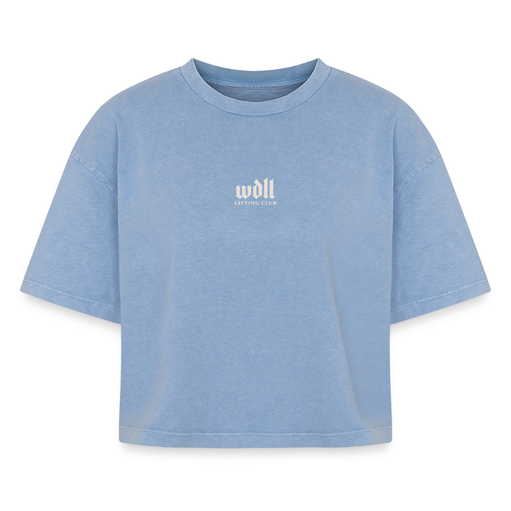 Crop top boxy femme WDLL Athletic Dept. acid wash bleu délavé, vue de face avec petit logo poitrine – WOD.LOL