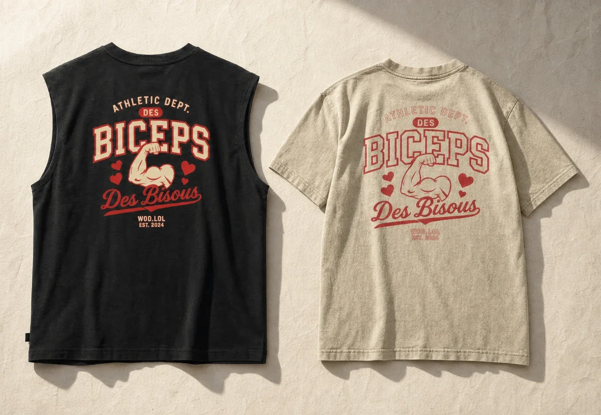 Tank top noir et t-shirt oversize beige Des Biceps Des Bisous V2 Athletic Dept. WOD.LOL, vus de dos