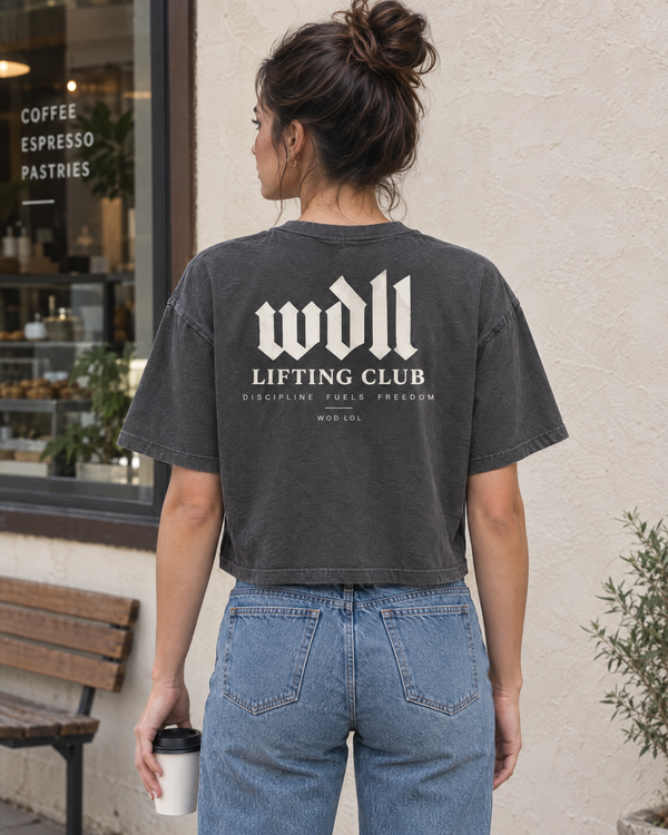 Crop Top Boxy WDLL Lifting Club – Acid Wash, 100% Coton, Femme