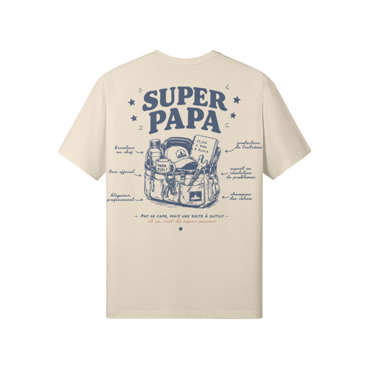 T-Shirt Superpapa beige porté – cadeau fête des pères – WOD.LOL