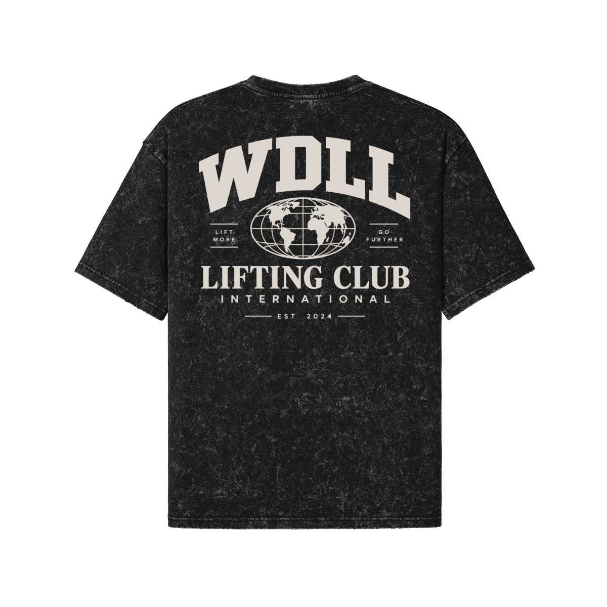 T-shirt Oversize WDLL Lifting Club International, snow wash, impression dos globe «Lift More Go Further» – WOD.LOL