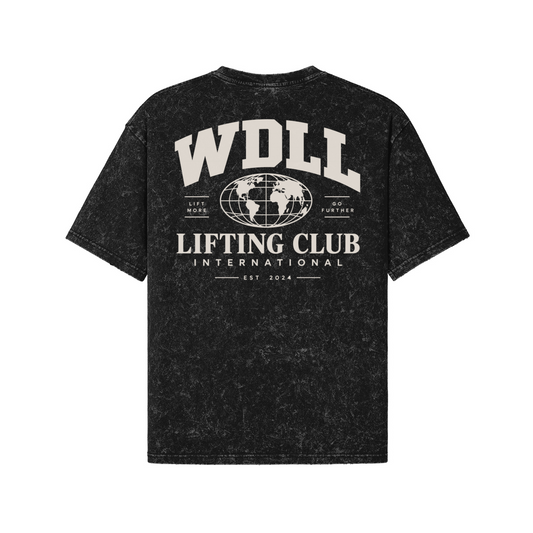 T-shirt Oversize WDLL Lifting Club International, snow wash, impression dos globe «Lift More Go Further» – WOD.LOL