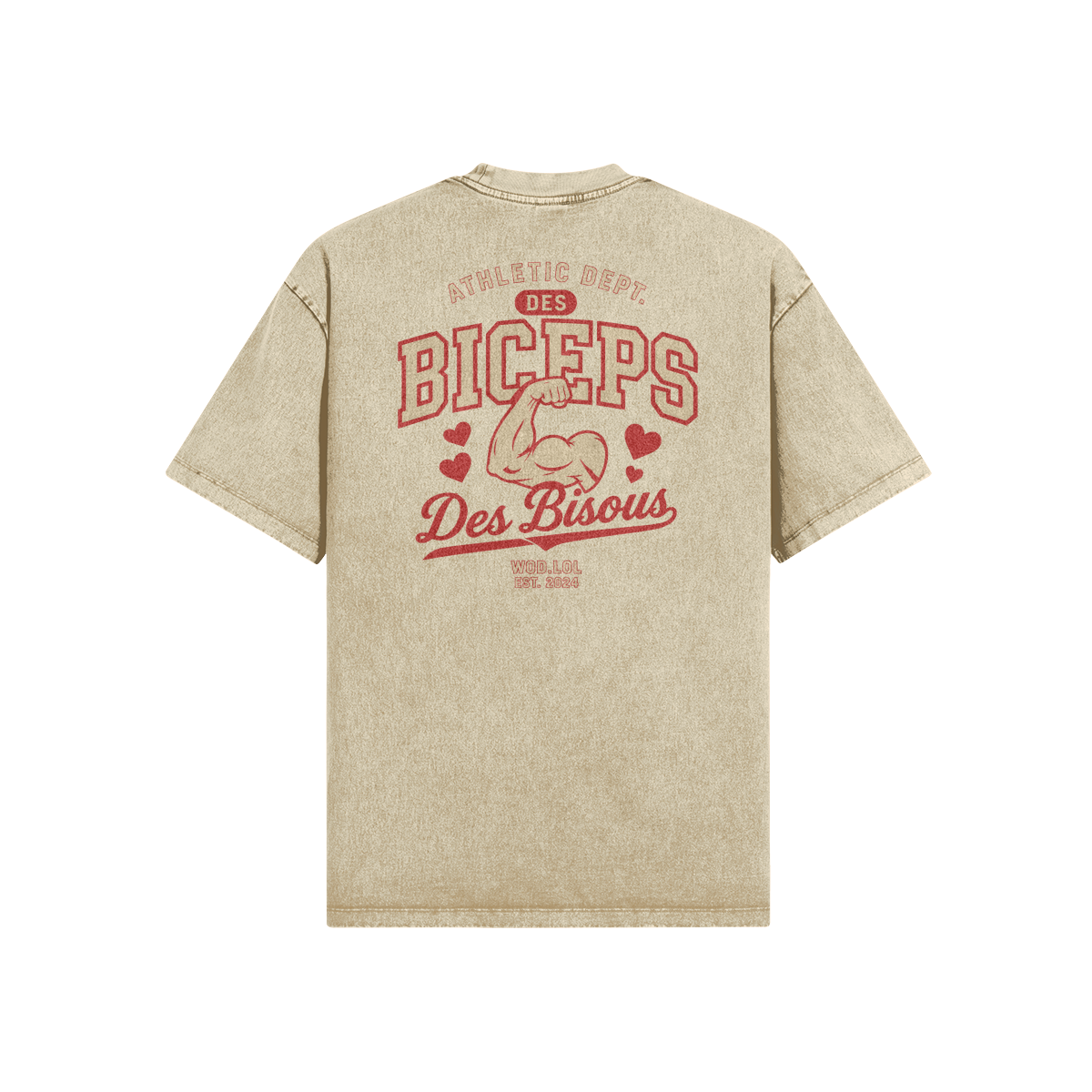 T-shirt oversize Des Biceps Des Bisous V2 Athletic Dept. snow wash kaki, vue de dos avec grand print biceps et cœurs – WOD.LOL