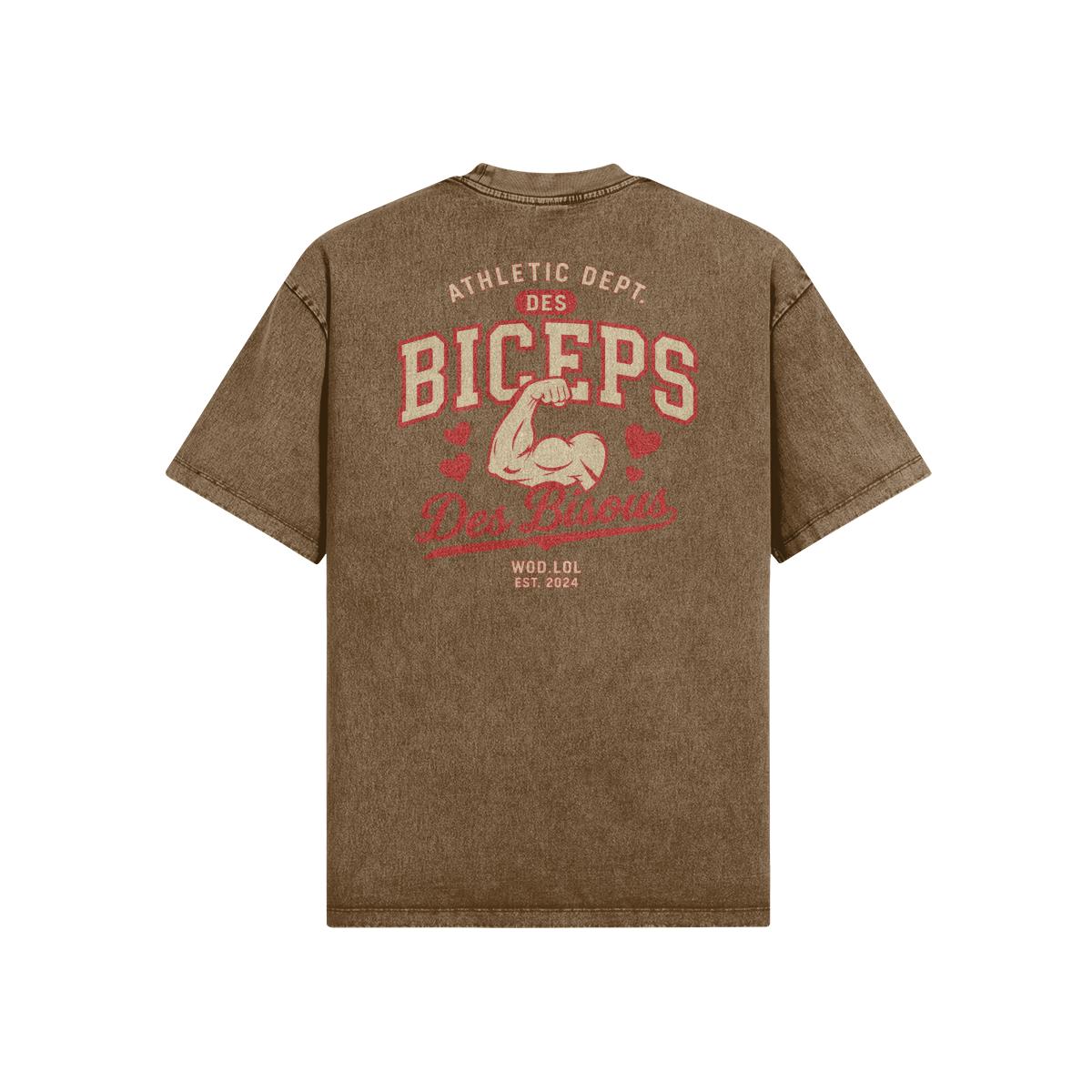 T-shirt oversize Des Biceps Des Bisous V2 Athletic Dept. snow wash marron, vue de dos avec grand print biceps et cœurs – WOD.LOL