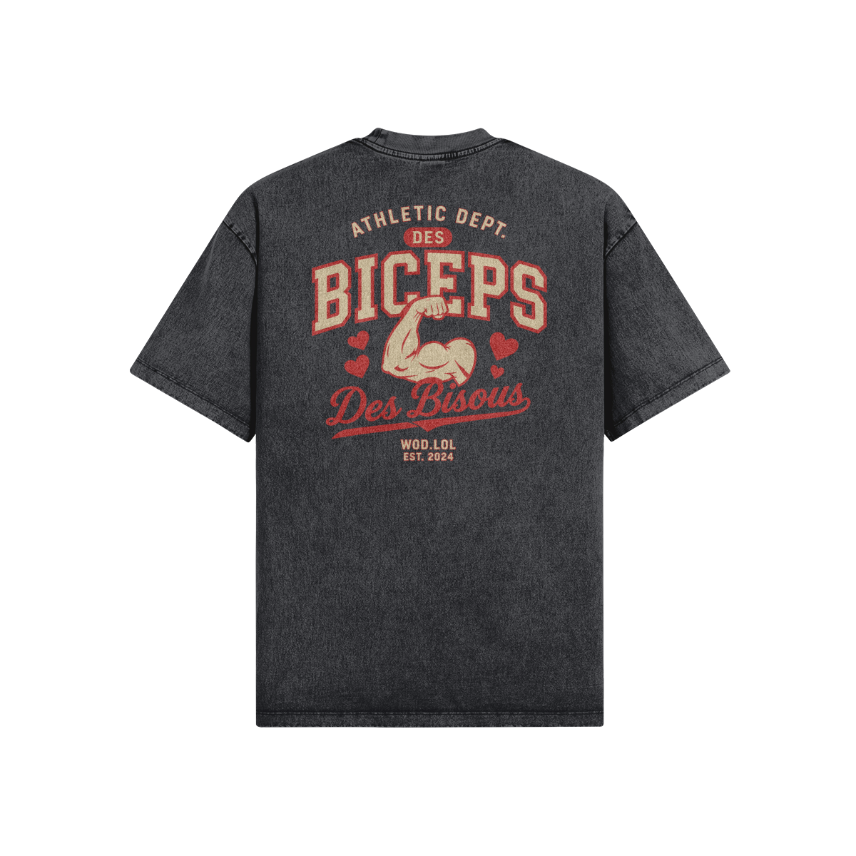 T-shirt oversize Des Biceps Des Bisous V2 Athletic Dept. snow wash gris foncé, vue de dos avec grand print biceps et cœurs – WOD.LOL