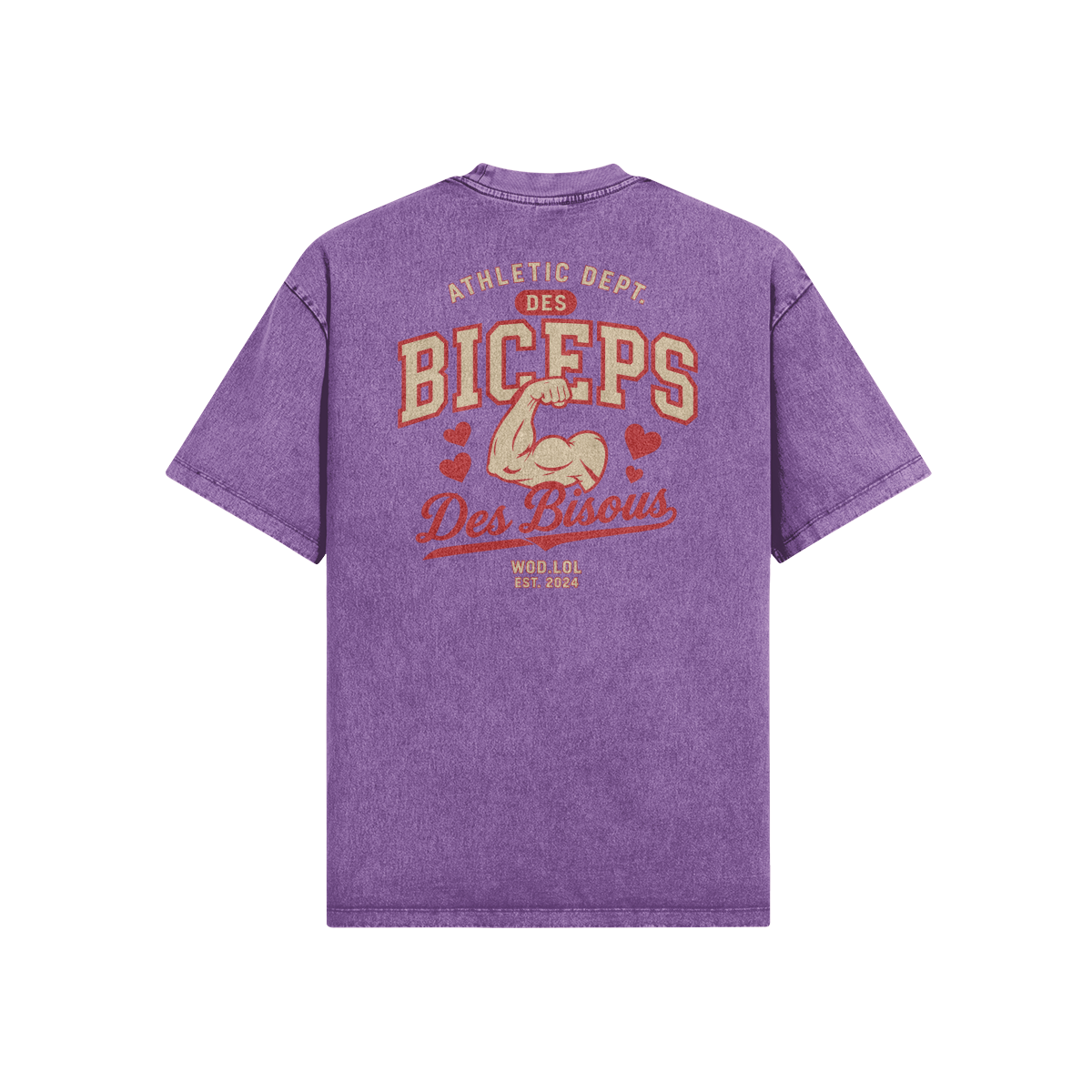 T-shirt oversize Des Biceps Des Bisous V2 Athletic Dept. snow wash lavande, vue de dos avec grand print biceps et cœurs – WOD.LOL
