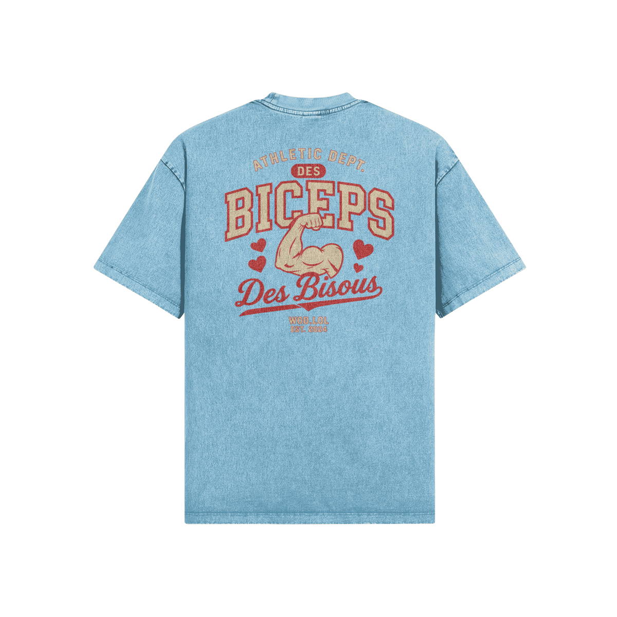 T-shirt oversize Des Biceps Des Bisous V2 Athletic Dept. snow wash bleu pastel, vue de dos avec grand print biceps et cœurs – WOD.LOL