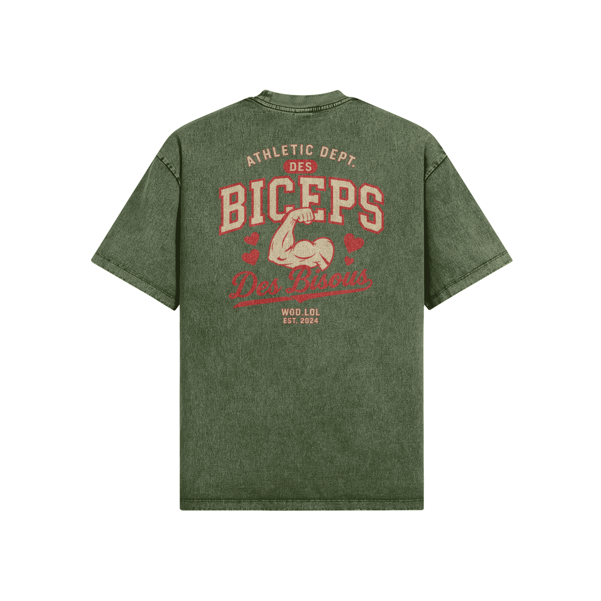 T-shirt oversize Des Biceps Des Bisous V2 Athletic Dept. snow wash vert rifle, vue de dos avec grand print biceps et cœurs – WOD.LOL