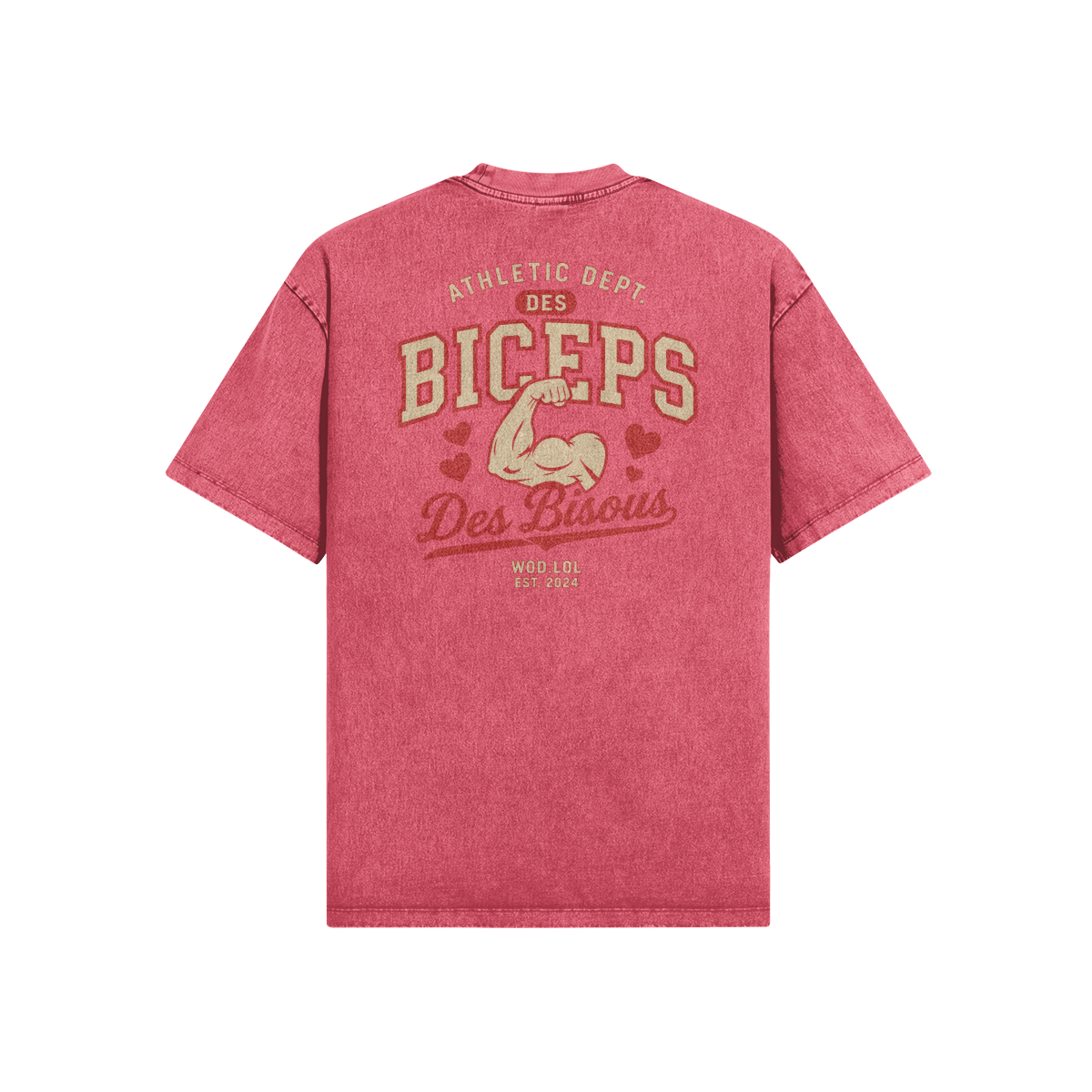 T-shirt oversize Des Biceps Des Bisous V2 Athletic Dept. snow wash rose pastèque, vue de dos avec grand print biceps et cœurs – WOD.LOL