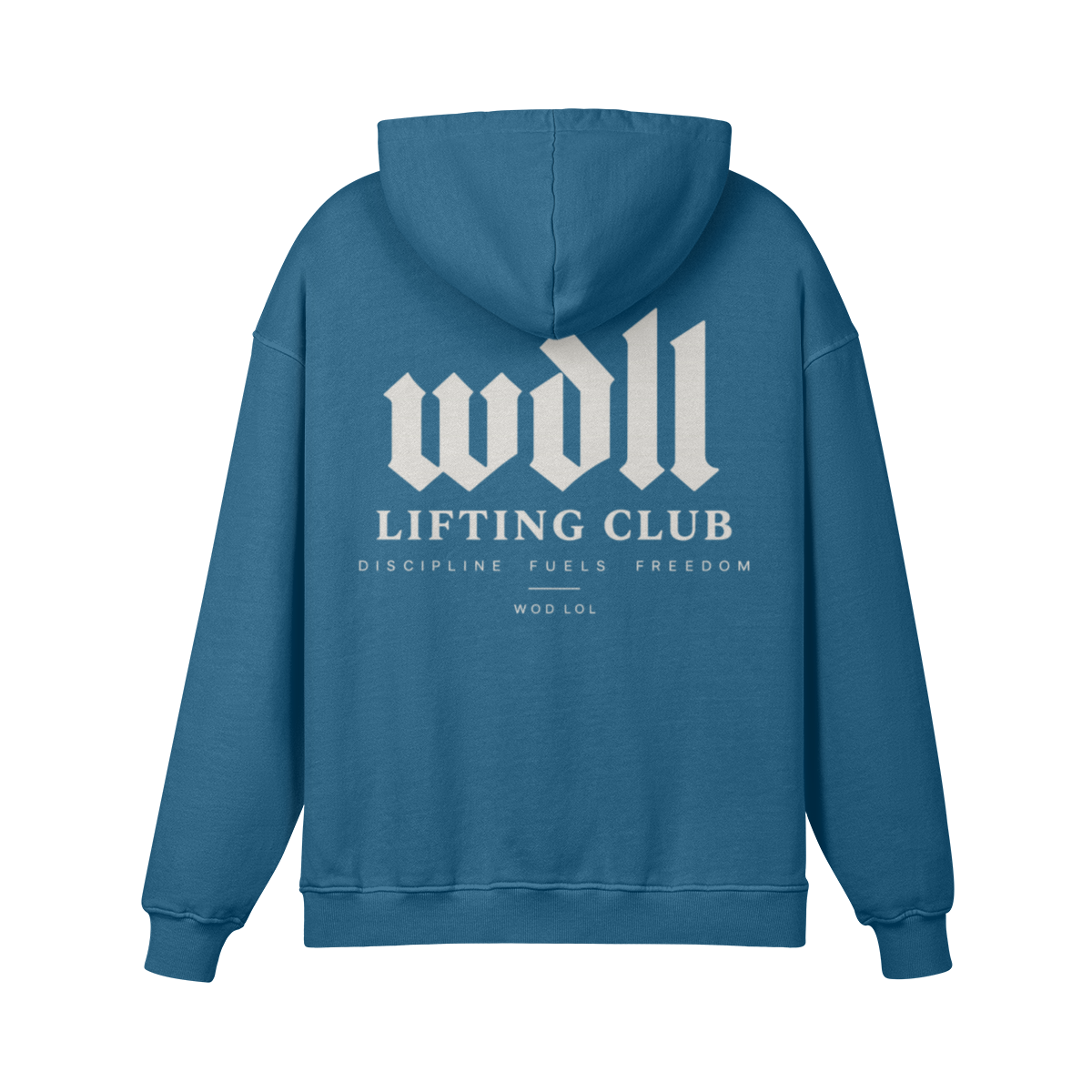 Hoodie oversize WDLL Lifting Club bleu Kashmir – dos, imprimé Discipline Fuels Freedom