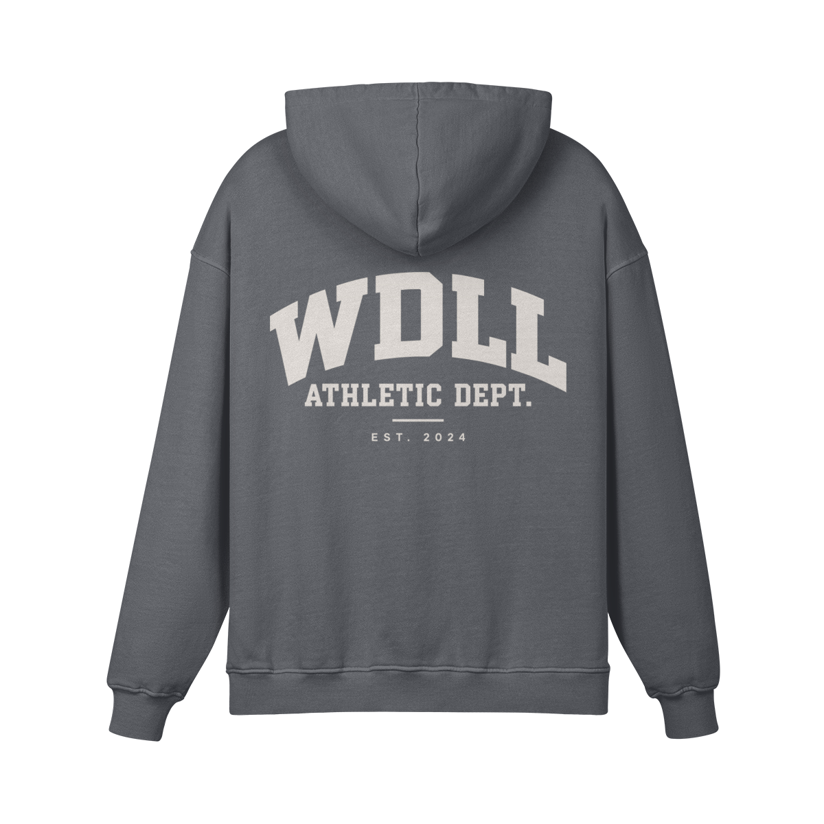 Hoodie oversize WDLL Athletic Dept. gris carbone – dos, imprimé varsity Athletic Dept. Est. 2024