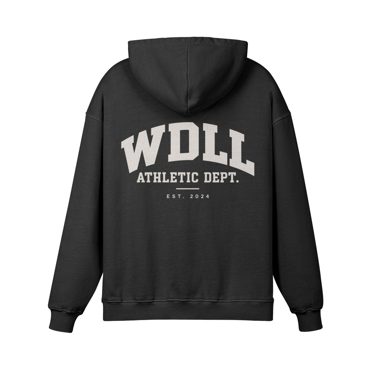Hoodie oversize WDLL Athletic Dept. noir délavé – dos, imprimé varsity Athletic Dept. Est. 2024
