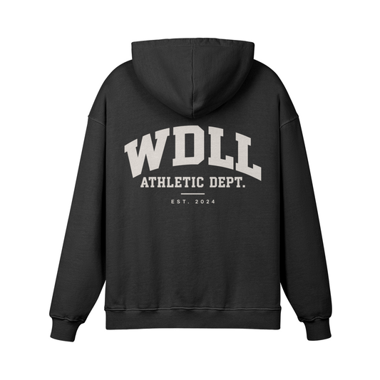 Hoodie oversize WDLL Athletic Dept. noir délavé – dos, imprimé varsity Athletic Dept. Est. 2024