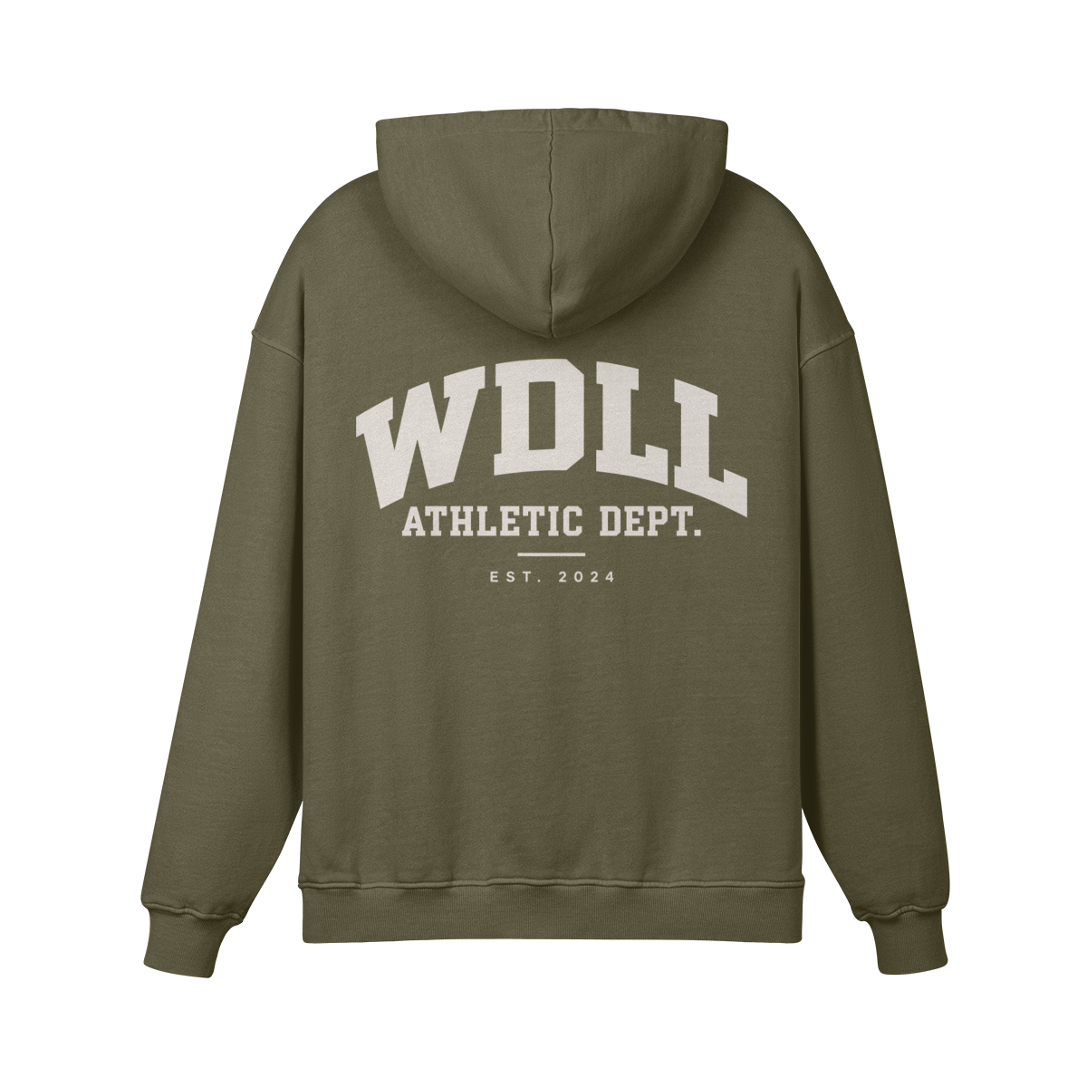 Hoodie oversize WDLL Athletic Dept. vert olive – dos, imprimé varsity Athletic Dept. Est. 2024