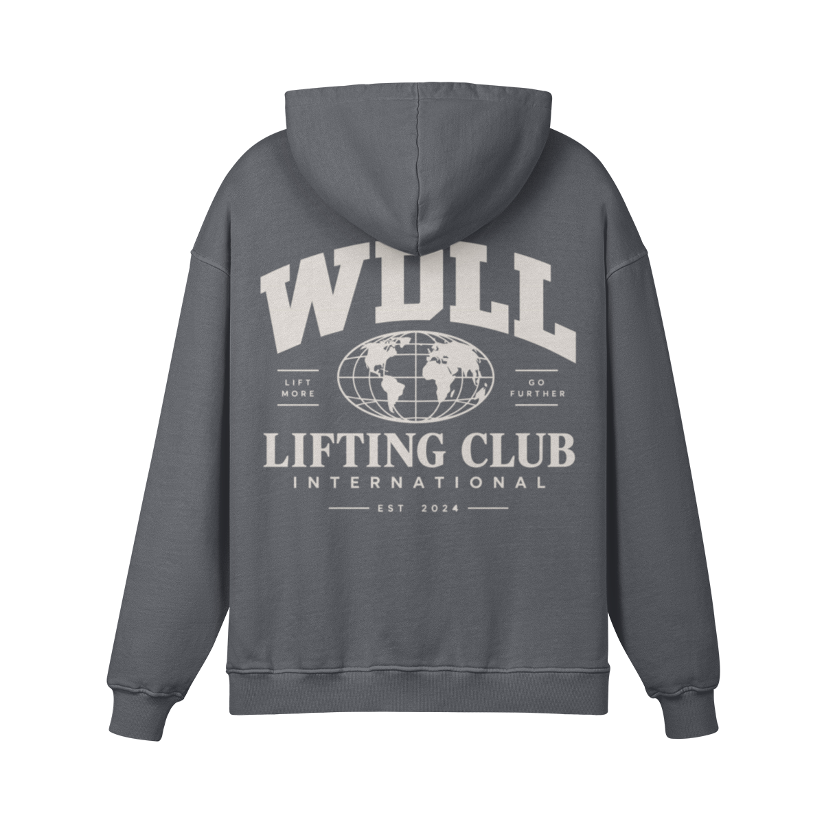 Hoodie oversize WDLL Lifting Club International gris carbone – dos, imprimé globe Lift More Go Further