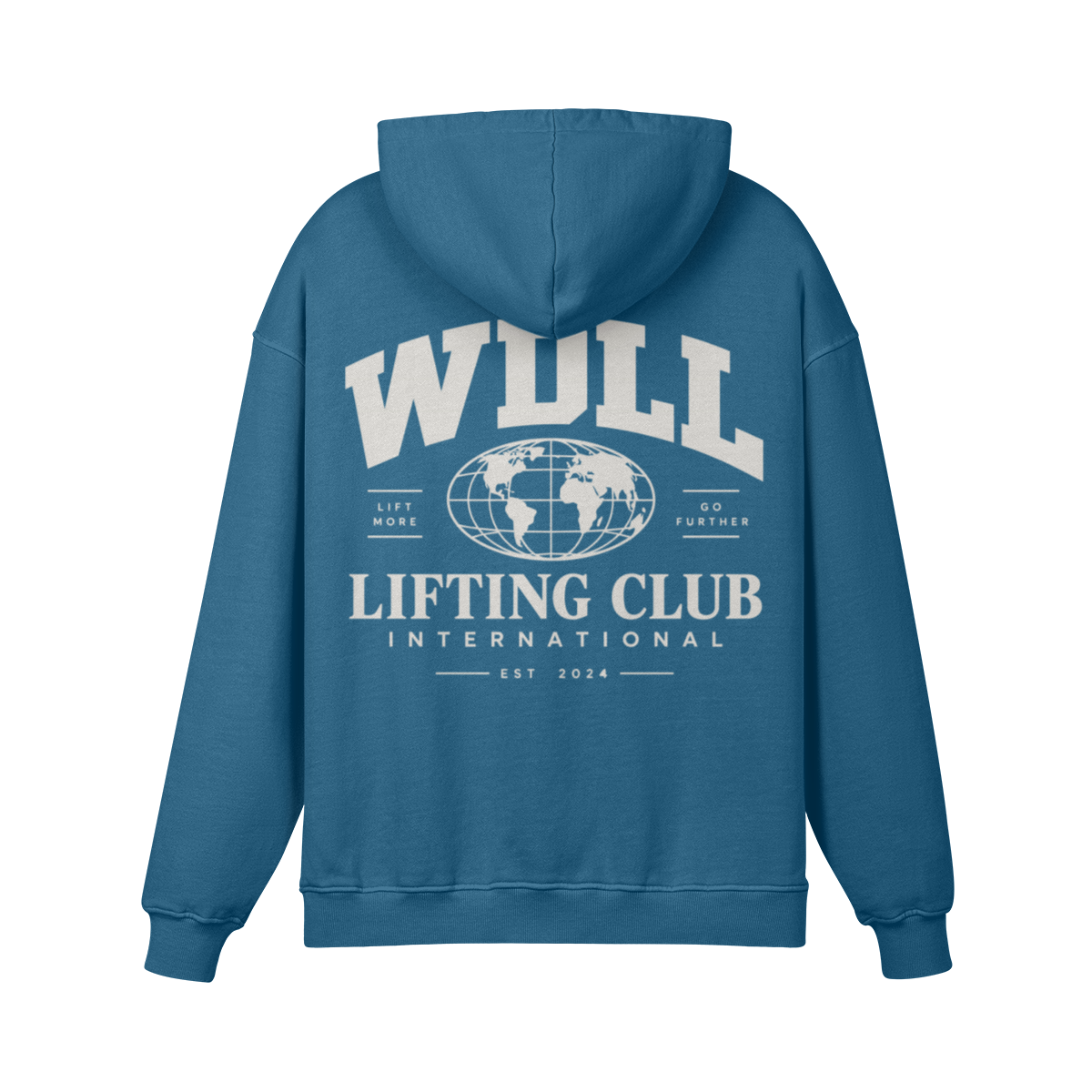 Hoodie oversize WDLL Lifting Club International bleu Kashmir – dos, imprimé globe Lift More Go Further