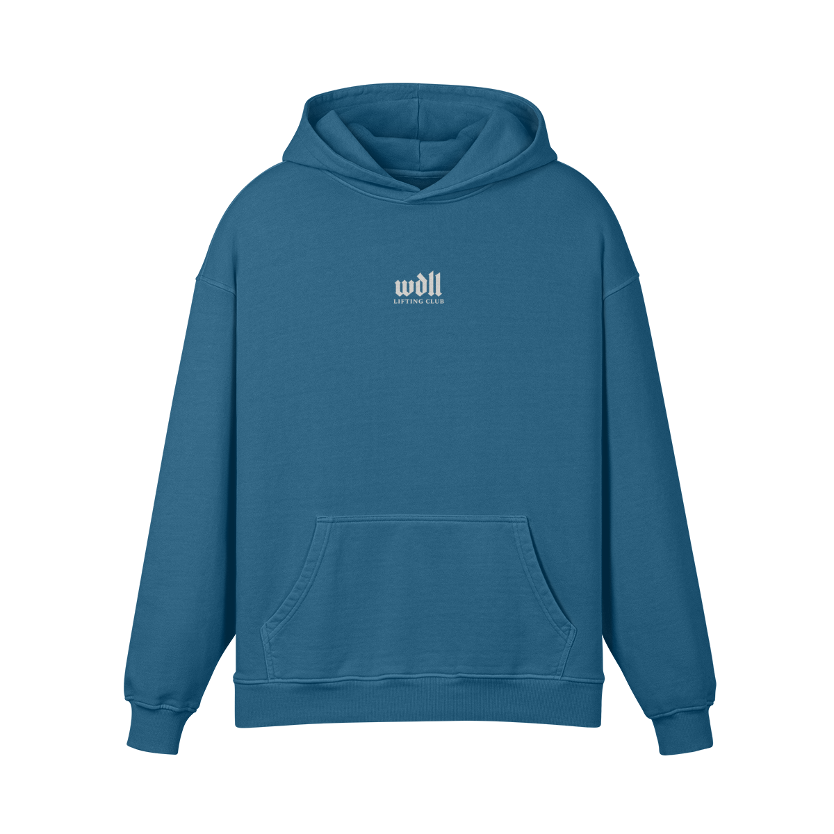 Hoodie oversize WDLL Lifting Club International bleu Kashmir – face, petit logo wdll poitrine
